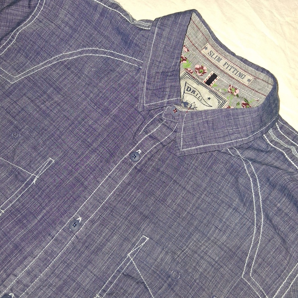 Drill Slim Fitting Blue Long Sleeve Button-Up Shirt Men's Size L